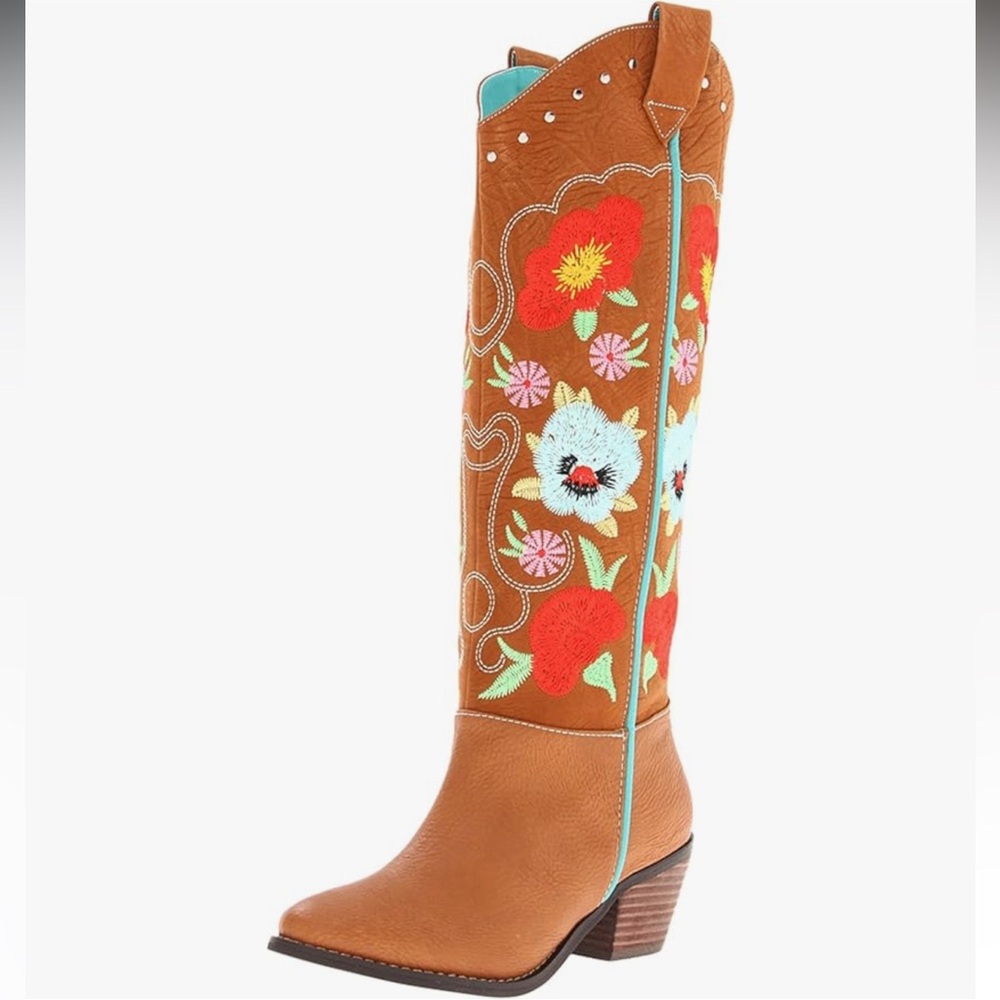 Grazie Tan and Red Heeled Cowgirl Boots with Vibrant Floral Embroidery, Size 9